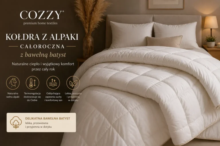 Detal kołdry Cozzy z białą lamówką i starannym wykończeniem